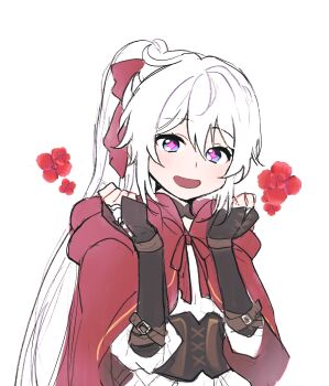 Rule 34 | 1girl, 5rwpvc, :d, blue eyes, cape, corset, hands up, highres, honkai (series), honkai impact 3rd, kiana kaslana, long hair, looking at viewer, open mouth, pink pupils, red cape, shirt, simple background, smile, solo, upper body, very long hair, white background, white hair, white shirt