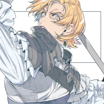 Rule 34 | 1boy, armor, commentary request, dion lesage, earrings, final fantasy, final fantasy xvi, frilled shirt, frilled sleeves, frills, hair behind ear, hiryuu (kugelcruor), holding, holding weapon, jewelry, korean commentary, looking at viewer, male focus, open mouth, parted hair, pauldrons, piercing, shirt, shoulder armor, solo, upper body, weapon, white shirt, yellow eyes