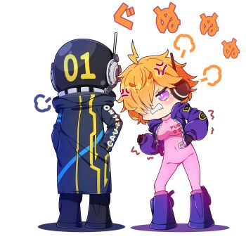 1girl ahoge anger_vein black_boots black_gloves black_jacket blush bodysuit boots breasts chibi clenched_teeth colored_shadow commentary_request covered_groin covered_navel gloves hair_over_one_eye hands_in_pockets highres jacket large_breasts long_sleeves milkpanda one_piece orange_eyes pink_bodysuit puffy_long_sleeves puffy_sleeves purple_boots purple_eyes purple_jacket shadow short_eyebrows simple_background sleeves_past_wrists standing teeth thick_eyebrows translation_request trembling vegapunk_lilith vegapunk_shaka white_background