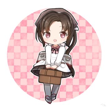 1girl apron black_hair black_skirt checkered_background full_body highres kantai_collection kappougi long_hair lunchbox machinery mnanao0729 nankai_(kancolle) nosaki_(kancolle) pink_background pleated_skirt ponytail red_eyes skirt smile solo