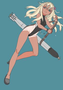 1girl absurdres atm87 black_one-piece_swimsuit blonde_hair blue_background blue_eyes cosplay crocs flower groin groin_tendon hair_flower hair_ornament highleg highleg_one-piece_swimsuit highres kantai_collection multicolored_swimsuit one-piece_swimsuit one-piece_tan ro-500_(kancolle) scamp_(kancolle) scamp_(kancolle)_(cosplay) simple_background swimsuit tan tanline torpedo two-tone_swimsuit underwater wahoo_(kancolle) wahoo_(kancolle)_(cosplay)