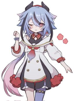 1other a.i._voice arazan_(ara_arazan24) asymmetrical_legwear bare_shoulders belt beret black_horns black_shorts black_streaks blue_hair blue_nails blue_pantyhose blue_ribbon blush buttons collar commission contrast_collar corrupted_twitter_file cowboy_shot double-breasted double-parted_bangs dress flower frilled_shorts frills gradient_hair gradient_necktie gynoid_talk hand_up hashtag-only_commentary hat headset highres horned_hat horns light_smile long_hair low_ponytail meika_mikoto multicolored_hair multicolored_nails nail_polish necktie off-shoulder_dress off_shoulder one_eye_closed open_mouth pantyhose pink_eyes pink_hair plum_blossoms ponytail puffy_sleeves red_collar red_hat red_nails red_necktie ribbon sailor_collar short_eyebrows shorts shorts_under_dress sidelocks simple_background single_leg_pantyhose skeb_commission solo standing streaked_hair thick_eyebrows thigh_belt thigh_strap three-quarter_sleeves very_long_hair white_background white_dress wrist_ribbon