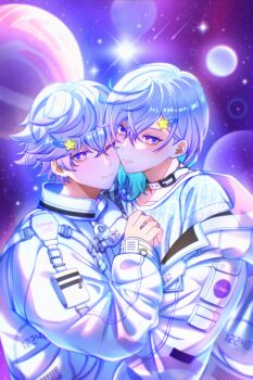 2boys ab22722304 absurdres closed_mouth commentary_request cozmez_(paradox_live) crossed_bangs hair_ornament hairpin hand_on_another's_chest highres long_sleeves looking_at_viewer multiple_boys one_eye_closed paradox_live planet siblings smile star_(sky) yatonokami_kanata yatonokami_nayuta