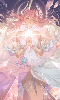 1girl bare_shoulders breasts broken_glass cheseely closed_eyes commentary cyrene_(aedes_elysiae)_(honkai:_star_rail) cyrene_(honkai:_star_rail) cyrene_(ripples_of_past_reverie)_(honkai:_star_rail) dress earrings flower glass hair_flower hair_ornament halo highres honkai:_star_rail honkai_(series) jewelry large_breasts parted_lips pink_hair pointy_ears sky solo star_(sky) starry_sky thighs white_dress