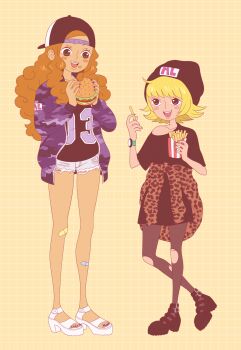 2girls aphelandra bandaid black_hat blush_stickers burger commentary curly_hair food french_fries hat high_heels highres holding holding_food marguerite_(one_piece) multiple_girls one_piece open_mouth peachypunchy purple_nails short_hair shorts smile watch wristwatch