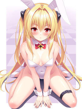 1girl absurdres animal_ears arm_support bare_shoulders belt blonde_hair breasts collarbone commentary_request covered_navel cygnus_(cygnus7) detached_collar fake_animal_ears hair_between_eyes hair_intakes high_heels highres konjiki_no_yami leotard long_hair looking_at_viewer playboy_bunny red_eyes revision serious shoes sitting skin_tight small_breasts solo strapless strapless_leotard thigh_belt thigh_strap to_love-ru to_love-ru_darkness twitter_username v_arms wariza white_leotard white_shoes