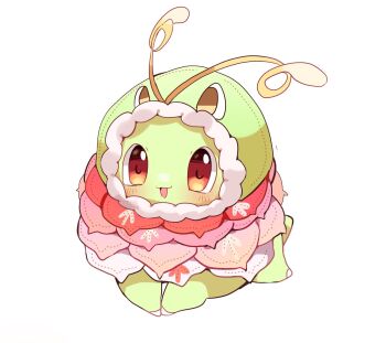 antennae blush chikorita colored_skin cosplay flower gen_2_pokemon green_hood green_skin highres hood hood_up mega_meganium mega_meganium_(cosplay) meganium nintendo no_humans open_mouth pokemon pokemon_(creature) pokemon_focus pokemon_legends:_z-a red_eyes simple_background smile white_background yupo_0322