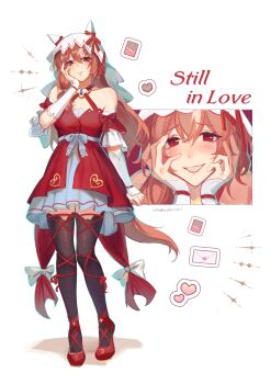 1girl absurdres animal_ears bare_shoulders black_thighhighs blush bow breasts brown_hair closed_mouth collarbone commentary detached_sleeves dress ear_covers ear_ribbon english_commentary hair_between_eyes hair_ornament hands_on_own_face heart highres horse_ears horse_girl horse_tail letter long_hair looking_at_viewer open_mouth red_dress red_eyes red_ribbon ribbon shoes small_breasts smile still_in_love_(scarlet_vow_raiment)_(umamusume) still_in_love_(umamusume) tail thighhighs tomodurien umamusume veil white_streaks white_veil yandere yandere_trance