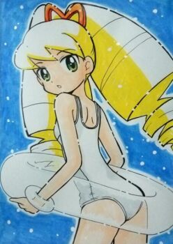 1girl blonde_hair bow drill_hair green_eyes hair_bow kana_naka lifebuoy long_hair looking_at_viewer looking_back luna_platz_(mega_man) mega_man_(series) mega_man_star_force_(series) one-piece_swimsuit orange_bow parted_lips swim_ring swimsuit twin_drills very_long_hair white_one-piece_swimsuit
