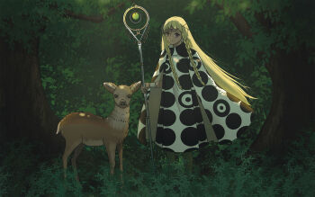 1girl absurdres animal blonde_hair braid closed_mouth commentary_request dark-skinned_female dark_skin eupha_(metaphor:_refantazio) green_pantyhose highres holding holding_staff kluger_lx long_hair looking_at_viewer metaphor:_refantazio mixed-language_commentary pantyhose poncho purple_eyes reindeer solo staff third_eye twin_braids