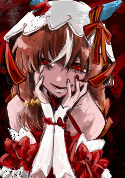 animal_ears bags_under_eyes belt black_belt bow bridal_gauntlets brown_hair dress ear_ribbon hair_between_eyes hands_on_own_face head_out_of_frame highres kumako_(kuma8j) makeup multicolored_hair nail_polish parted_lips red_bow red_dress red_eyes red_nails red_ribbon ribbon runny_makeup smile still_in_love_(umamusume) umamusume veil white_bridal_gauntlets white_hair white_veil