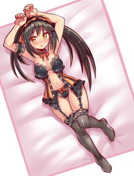 1girl arms_up black_hair black_thighhighs breasts cleavage commentary_request commission cougar_(cougar1404) date_a_live full_body garter_straps long_hair looking_at_viewer navel open_mouth skeb_commission solo thighhighs tokisaki_kurumi twintails