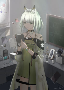 Rule 34 | 1girl, absurdres, animal ear fluff, animal ears, arknights, bare shoulders, black choker, character doll, choker, cowboy shot, doctor (arknights), doll, dress, green dress, grey eyes, highres, holding, indoors, kal'tsit (arknights), long sleeves, material growth, off-shoulder dress, off shoulder, oripathy lesion (arknights), picture frame, short dress, short hair, silver hair, solo, standing, sxy-nr, test tube, watch, wristwatch