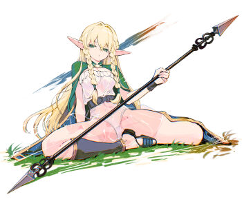 1girl absurdres blonde_hair breasts cloak commentary eltolinde_(unicorn_overlord) eudetenis green_eyes groin_tendon highres holding holding_weapon large_breasts leotard long_hair looking_at_viewer pointy_ears simple_background sitting solo spread_legs unicorn_overlord very_long_hair weapon white_background white_leotard