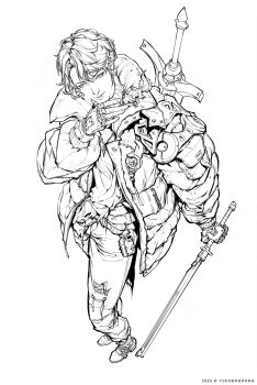 1boy 2025 animal_request arm_at_side artist_name belt buttons coat commentary copyright_notice denim english_commentary explosive fingerless_gloves foreshortening from_above full_body gloves grenade greyscale hand_up highres holding holding_sword holding_weapon invisible_floor jeans jewelry lineart lizard long_sleeves looking_at_animal male_focus monochrome multiple_swords necklace nose open_clothes open_coat original pants parted_lips prosthesis prosthetic_hand shirt shoes short_hair simple_background smile solo standing sword sword_on_back torn_clothes torn_jeans torn_pants turtleneck turtleneck_shirt unfinished very_short_hair weapon weapon_on_back yu_cheng_hong zipper