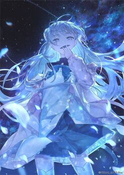 1girl anemoi backlighting black_sailor_collar blue_dress commentary_request copyright_notice covered_mouth cowboy_shot double_bun dress floating_hair hair_bun hand_up highres holding holding_leaf jacket leaf leaf_in_mouth long_hair long_sleeves looking_at_viewer milky_way night open_clothes open_jacket outdoors pink_jacket purple_eyes reluvy sailor_collar sailor_dress second-party_source sky solo star_(sky) starry_sky thighhighs tsujikura_spica two-tone_dress v very_long_hair white_dress white_hair white_thighhighs wind