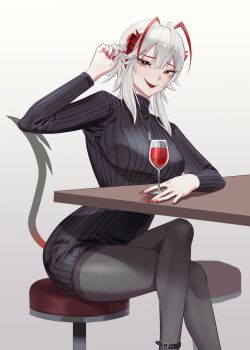Rule 34 | 1girl, adjusting hair, alternate costume, antenna hair, arknights, black sweater, breasts, commentary request, cup, demon girl, demon horns, drinking glass, feet out of frame, grey hair, grey pantyhose, hand up, highres, horns, jewelry, large breasts, looking at viewer, magnum 0000, medium hair, necklace, on stool, open mouth, orange eyes, pantyhose, red nails, sitting, smile, solo, sweater, teeth, upper teeth only, w (arknights), wine glass