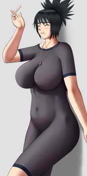 1girl absurdres black_hair breasts eating happy highres large_breasts mitarashi_anko naruto_(classic) naruto_(series) naruto_shippuuden poketune short_hair smile solo