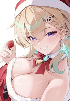 1girl absurdres aida_noa alternate_costume bare_shoulders blonde_hair braid braided_bangs breasts cleavage commentary_request earrings food from_above fruit hair_between_eyes hair_ornament hat highres holding holding_food holding_fruit jewelry light_blush long_hair looking_at_viewer looking_to_the_side looking_up lynae_(wuthering_waves) medium_breasts parted_lips purple_eyes red_skirt santa_hat skirt skull_hair_ornament smile solo star_(symbol) star_earrings strawberry unfinished wuthering_waves