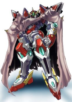 Rule 34 | armor, bravern, brown cloak, cloak, glowing, glowing eyes, green eyes, highres, kin-san (sasuraiga), mecha, mecha focus, no humans, robot, science fiction, solo, super robot, v-fin, yuuki bakuhatsu bang bravern