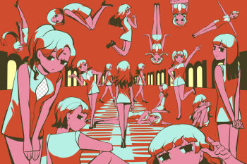 6+girls arm_up avogado6 closed_mouth dress fake_transparency from_behind highres leaning_forward long_hair looking_at_viewer looking_back lying multiple_girls on_floor original perspective ponytail red_background short_dress sleeveless sleeveless_dress standing standing_on_one_leg twintails