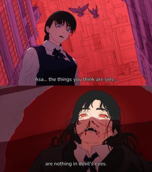 Rule 34 | bird, black hair, blood, blood from mouth, blue eyes, chainsaw man, comic panel redraw, commentary, derivative work, door, dual persona, english commentary, english text, eyelashes, facial scar, hair down, injury, long hair, low twintails, messy hair, mitaka asa, nosebleed, open mouth, orange eyes, pigeon, ponytail, pool of blood, red sky, ringed eyes, ryona, samsan 08, scar, scar on cheek, scar on face, scene reference, school uniform, sky, teeth, twintails, typo, wing collar, yoru (chainsaw man)