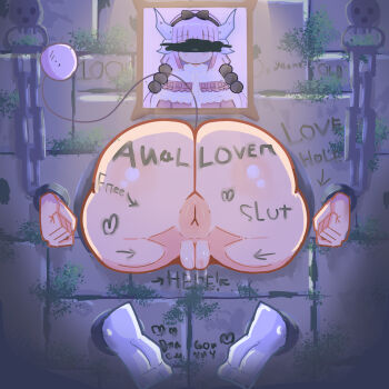 1girl anus arrow_(symbol) ass ass_focus blue_eyes body_writing chain cleft_of_venus dungeon english_text feet from_behind heart highres horns huge_ass kanna_kamui kobayashi-san_chi_no_maidragon loli marker picture_frame pussy tail therealbluecard through_wall wet