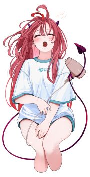 1girl absurdres closed_eyes commentary cone_horns cropped_legs drying drying_hair drying_own_hair gradient_hair hair_dryer highres horns kohe_billialot light_blush long_hair multicolored_hair no_pants open_mouth original prehensile_tail purple_horns red_hair shirt solo symbol-only_commentary tail teeth upper_teeth_only white_background white_shirt