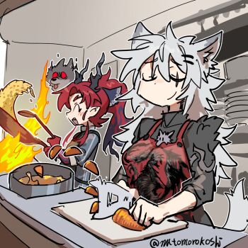 1girl 2boys ^_^ afterimage animal_ears apron arknights black_jacket brooch carrot chopping closed_eyes closed_mouth cooking cooking_pot cutting_board dragon_boy dragon_horns fang fire food fried_rice furrowed_brow grey_hair highres holding holding_knife holding_ladle holding_pan horns indoors jacket jewelry kitchen knife ladle lappland_(arknights) lappland_the_decadenza_(arknights) long_hair messy_hair multiple_boys mutomorokoshi open_mouth ponytail red_apron red_hair scar scar_across_eye scar_on_face sleeves_rolled_up smile smirk smug tail tossing wolf wolf_ears wolf_girl wolf_tail yu_(arknights) zaaro_(arknights)