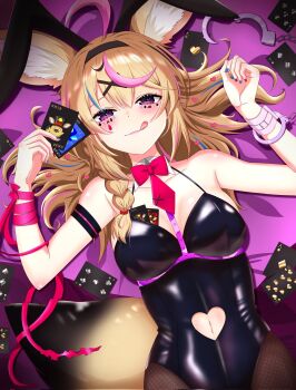 1girl :q ace_(playing_card) ace_of_diamonds ace_of_hearts alternate_costume animal_ears black_hairband black_leotard blonde_hair blue_hair blue_nails blush breasts card cuffs diamond_(shape) facial_mark fake_animal_ears fishnet_pantyhose fishnets five_of_clubs five_of_hearts fox_ears fox_girl fox_tail hairband handcuffs heart heart_in_eye highleg highleg_leotard highres holding holding_card hololive joker_(playing_card) kanzakiira0430 leotard long_hair looking_at_viewer lying medium_breasts multicolored_hair omaru_polka on_back pantyhose pink_background pink_hair pink_theme playboy_bunny playing_card purple_eyes rabbit_ears rabbit_hole_(vocaloid) red_nails seven_of_clubs six_of_spades solo spaghetti_strap streaked_hair symbol_in_eye tail teardrop_facial_mark ten_of_hearts three_of_spades tongue tongue_out virtual_youtuber vocaloid zain_(omaru_polka)