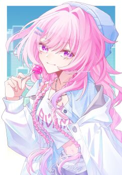 1girl blue_hat blue_jacket border breasts candy chupa_chups commentary crop_top cyrene_(aedes_elysiae)_(honkai:_star_rail) cyrene_(honkai:_star_rail) cyrene_(nylon_japan)_(honkai:_star_rail) diamond-shaped_pupils diamond_(shape) food hat heart heart_necklace highres holding holding_candy holding_food holding_lollipop honkai:_star_rail honkai_(series) jacket jewelry lollipop long_hair makikomare medium_breasts midriff navel necklace official_alternate_costume pink_hair purple_eyes smile solo symbol-only_commentary symbol-shaped_pupils twitter_username very_long_hair white_background white_border