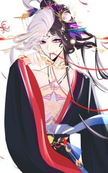 1girl absurdres beads black_hair black_robe bow-shaped_hair bright_pupils chinese_clothes chinese_commentary chinese_hairpin closed_mouth collarbone commentary_request cowboy_shot crescent crescent_hair_ornament dress eyelashes feather_hair_ornament feathers hair_beads hair_ornament hair_rings hairpin happy heterochromia highres holding infinity_nikki jewelry long_sidelocks long_sleeves looking_at_viewer mismatched_pupils multicolored_hair multiple_hairpins necklace nikki_(series) pink_eyes purple_eyes robe sidelocks simple_background single_bare_shoulder smile solo split-color_hair standing strapless strapless_dress tsurime tuantuan_zai_ban_lan two-tone_hair where_wanxiang_weaves_(infinity_nikki) white_background white_hair white_pupils wide_sleeves yellow_dress