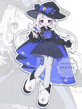 1girl :d artist_name ascot belt black_belt black_dress black_hat blue_ascot blue_bow blue_eyes blunt_bangs blush boots bow commentary commission dress full_body hat hat_bow highres long_hair long_sleeves looking_at_viewer open_mouth original outline pantyhose sample_watermark sidelocks simple_background smile solo standing standing_on_one_leg upa_papa_co watermark watermark_grid white_background white_boots white_hair white_outline white_pantyhose zoom_layer