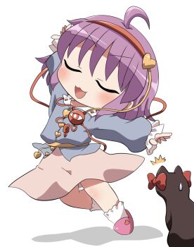 1girl :3 :d ^^^ ahoge animal arm_up blue_shirt blush cat chibi chibi_only closed_eyes collared_shirt commentary_request contrast_collar frilled_sleeves frills full_body hair_ornament hairband heart heart_hair_ornament highres kaenbyou_rin kaenbyou_rin_(cat) komeiji_satori long_sleeves open_mouth outstretched_arms pink_skirt pink_slippers purple_hair red_hairband rokugou_daisuke shirt short_hair signature simple_background skirt slippers smile socks standing standing_on_one_leg sweatdrop touhou v-shaped_eyebrows white_background white_socks