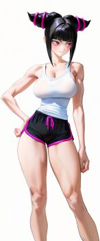 1girl absurdres black_hair black_shorts breasts cleavage hair_horns han_juri hand_on_own_hip highres hoshino_akarii large_breasts multicolored_hair purple_eyes short_shorts shorts simple_background solo street_fighter street_fighter_6 tank_top thighs white_background white_tank_top