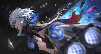 1girl absurdres aiming aiming_at_viewer black_wings blue_bra blue_hair blurry blurry_foreground bra breasts bullet commentary english_commentary erikvarts from_side galbrena_(wuthering_waves) grey_hair gun highres holding holding_gun holding_weapon looking_at_viewer medium_breasts medium_hair open_mouth profile purple_eyes sideways_glance solo underwear upper_body weapon wings wuthering_waves