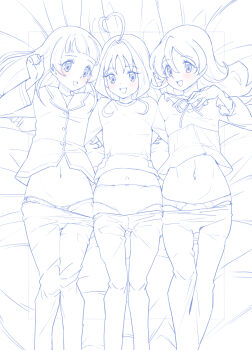 Rule 34 | 3girls, ahoge, alternate hairstyle, aokaze nana, arm around back, bed sheet, blue theme, blush, bow, bow panties, clothes pull, commentary, from above, girl sandwich, hair down, hand on own chest, highres, kimi to idol precure, long hair, long sleeves, looking at viewer, medium hair, micro panties, miyagoe yoshitsuki, monochrome, multiple girls, navel, on bed, open mouth, pajamas, panties, pants, pants pull, precure, sakura uta (precure), sandwiched, shigure kokoro, shirt, short sleeves, side-by-side, side-tie panties, sleepwear, smile, spot color, string panties, underwear