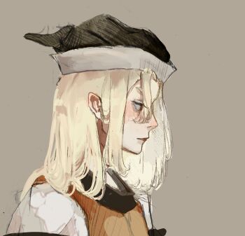 1girl black_hat blonde_hair brown_background detached_sleeves expressionless eyelashes from_side hair_between_eyes hat hatsburg highres layered_sleeves len&#039;en lips looking_ahead matara_okina medium_hair nostrils orange_eyes orange_tabard parted_lips pointy_nose realistic shirt simple_background solo tabard upper_body white_shirt