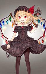 Rule 34 | 1girl, :d, alternate costume, black bow, black choker, black dress, black hat, black pantyhose, black thighhighs, blush, bow, brooch, choker, commentary request, crystal, dress, dress bow, earrings, fangs, feet out of frame, flandre scarlet, floral print, gem, gloves, gradient background, grey background, hat, hat ribbon, jewelry, laevatein (touhou), looking at viewer, mob cap, necklace, off-shoulder dress, off-shoulder shirt, off shoulder, open mouth, pantyhose, pointy ears, red gemstone, red ribbon, ribbon, rose print, sakizaki saki-p, shirt, side ponytail, simple background, smile, solo, standing, thighhighs, touhou, white background, wings, wrist cuffs