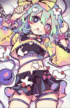 1girl :o aqua_nails bdsm black_collar black_hair black_sports_bra bondage bound bow chain clothes_writing collar commentary_request cowboy_shot cuffs double-parted_bangs food food_on_body fork fruit hair_between_eyes hair_bow heart heart-shaped_pupils heart_necklace heterochromia highres holding holding_fork icing jewelry komeiji_koishi kyouda_suzuka long_hair long_sleeves looking_at_viewer miniskirt navel necklace open_mouth pink_eyes shirt skirt slave solo spiked_cuffs sports_bra stomach strawberry striped_bow suggestive_fluid symbol-shaped_pupils third_eye touhou twitter_username wide_sleeves yellow_bow yellow_shirt