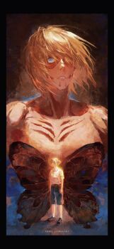 annie_leonhart black_border black_shoes blonde_hair blue_eyes blue_shorts border breasts butterfly_wings character_name collared_shirt dual_persona facial_mark female_titan hair_over_one_eye hashtag-only_commentary highres ican9102 insect_wings loafers medium_breasts parted_lips shingeki_no_kyojin shirt shoes short_hair shorts sleeves_rolled_up socks titan_(shingeki_no_kyojin) updo white_shirt white_socks wings