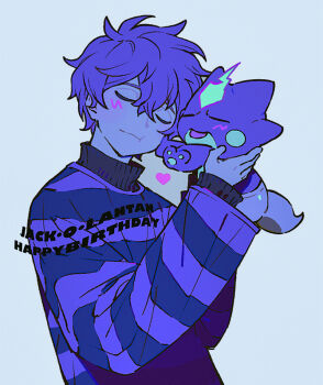 1boy cheek_press closed_eyes closed_mouth creature crossover english_text gen_8_pokemon grey_background hair_between_eyes happy_birthday heart holding holding_creature jack-o&#039;_ran-tan male_focus napoli_no_otokotachi nintendo pofu31 pokemon pokemon_(creature) purple_theme short_hair toxel upper_body