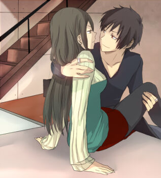 1boy 1girl areki007 black_hair brown_eyes carrying commentary_request couple durarara!! eye_contact green_sweater hetero implied_hetero jewelry ladder light_smile long_hair looking_at_another lowres orihara_izaya panties pantyhose pencil_skirt princess_carry red_skirt ribbed_panties ribbed_sleeves ribbed_sweater ribbed_thighhighs ring short_hair sitting skirt smile stairs sweater thighhighs underwear yagiri_namie
