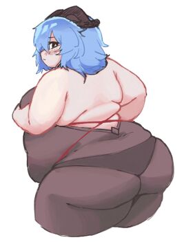1girl ass back belly black_bodysuit black_eyes blue_hair blush bodysuit covering_breasts covering_privates embarrassed fat fat_woman from_behind ganyu_(genshin_impact) genshin_impact horns looking_back nantekottai25 panties_under_bodysuit short_hair sleeveless sleeveless_bodysuit solo standing thick_arms white_background