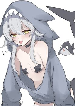 1girl animal_hood blush breasts character_request choker cross cross_pasties fang female_focus fins fish_tail grey_hair highres hood jacket long_hair looking_at_viewer nemuri_fuka partially_open_jacket pasties shark shark_hood shark_tail simple_background small_breasts solo tagme tail tongue tongue_out unzipped vrchat yellow_eyes