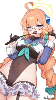 1girl 9nojo ahoge black_gloves black_leotard blue_archive blue_shrug braid braided_twintails breasts covered_navel feather_hair feathers glasses gloves half_gloves halo halter_leotard halterneck highres holding holding_riding_crop large_breasts leotard licking long_hair looking_at_viewer low_twin_braids official_alternate_costume open_mouth orange_hair riding_crop semi-rimless_eyewear shimiko_(blue_archive) shimiko_(magical)_(blue_archive) shrug_(clothing) super_highleg tongue tongue_out twin_braids under-rim_eyewear very_long_hair yellow_feathers yellow_halo