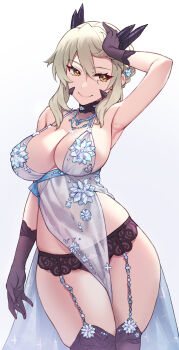 1girl absurdres artoria_pendragon_(fate) artoria_pendragon_(lancer_alter)_(fate) artoria_pendragon_(royal_icing)_(fate) bare_shoulders blonde_hair braid breasts cleavage commission fate/grand_order fate_(series) gloves hair_between_eyes highres horns kimi_tsuru lingerie see-through_clothes skeb_commission snowflakes solo underwear white_background yellow_eyes