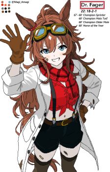 Rule 34 | bandaid, bandaid on face, bandaid on leg, belt, black shorts, black suspenders, blue eyes, brown belt, brown gloves, brown thighhighs, coat, commentary, dirty, dirty clothes, dr. fager (racehorse), english commentary, gloves, high ponytail, long hair, magi amagi, orange hair, original, plaid clothes, plaid scarf, ponytail, red shirt, scarf, shirt, shorts, thighhighs, umamusume, white coat