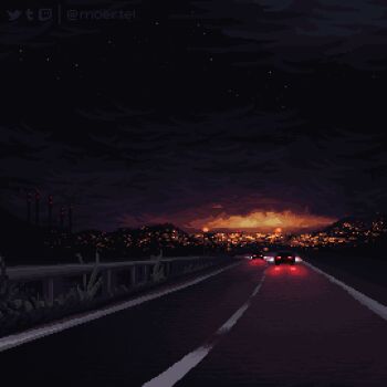 animated animated_gif artist_name black_sky car cloud cloudy_sky lamppost looping_animation moertel motor_vehicle mountainous_horizon night no_humans original outdoors pixel_art railing road scenery sky star_(sky) starry_sky street