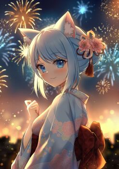1girl aerial_fireworks animal_ears backlighting blue_eyes blue_hair blue_kimono blush cat_ears cat_girl chigusa_maru_(vtuber) commentary english_commentary fireworks floral_print floral_print_kimono flower hair_bun hair_flower hair_ornament hand_up highres indie_virtual_youtuber japanese_clothes kimono long_hair looking_at_viewer looking_back marika_vtuber night pink_flower print_kimono sidelocks sky smile solo virtual_youtuber